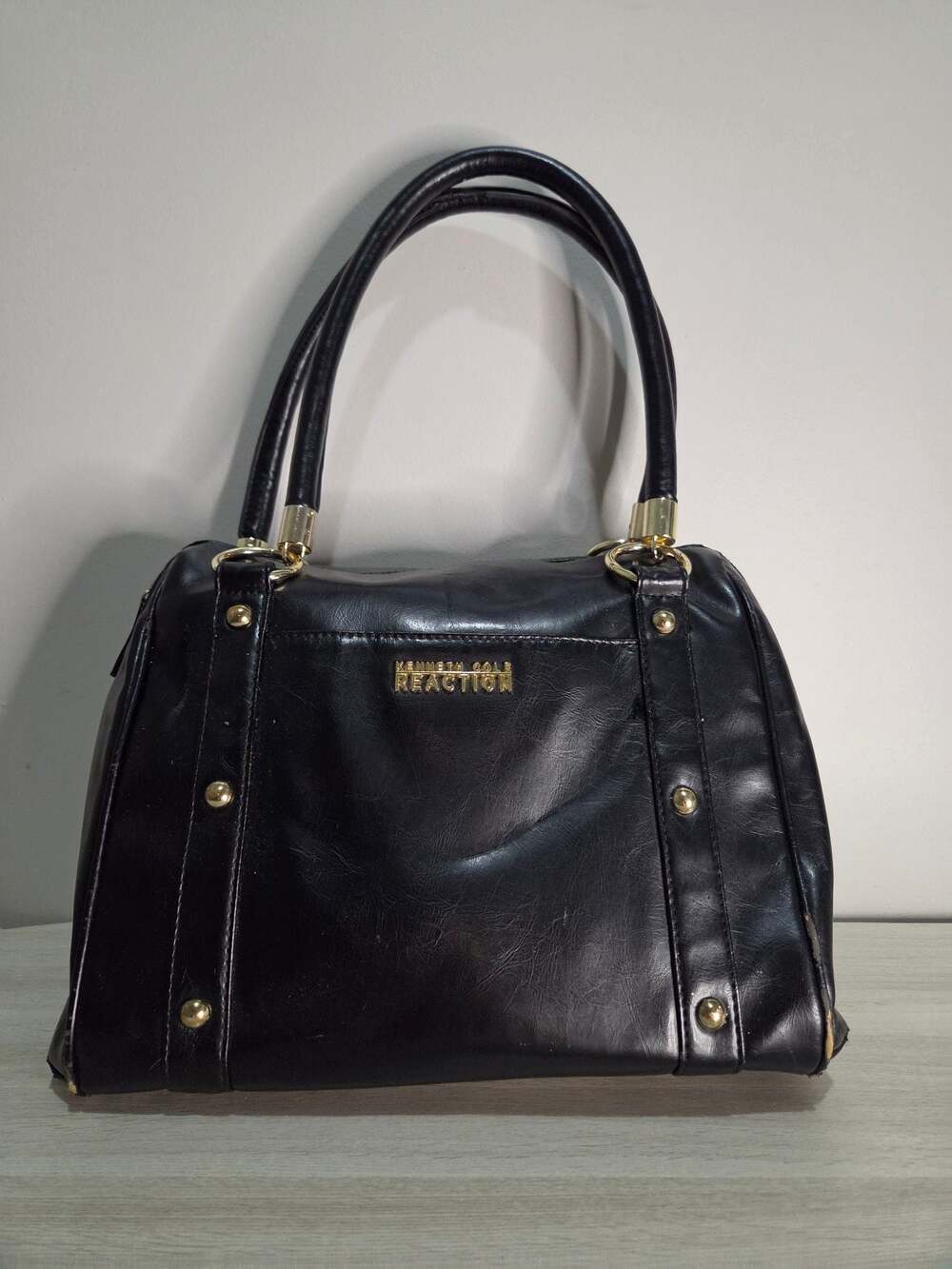 Kenneth Cole Reaction Black Faux Leather Satchel with Gold Tone Studs